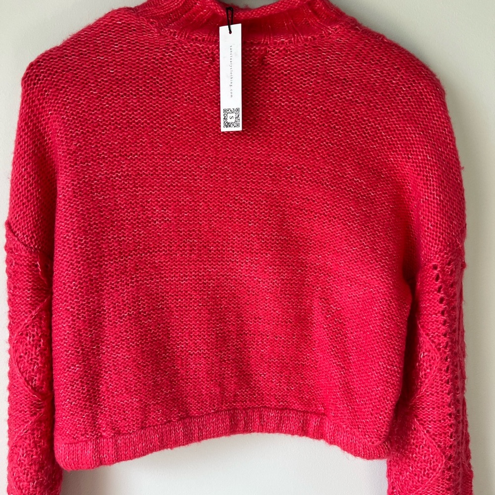 Sanctuary Cable Knit Cropped Sweater Sz S Neon Pink Mock Neck Stretch Sweater - Picture 11 of 13